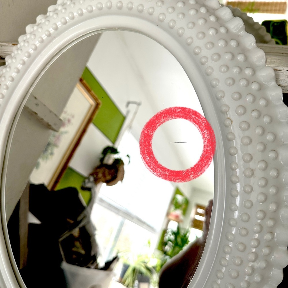 Vintage Wall Oval Mirror Milk Glass Look Hob Nails Plastic White Frame 17.5x15” - Picture 8 of 9